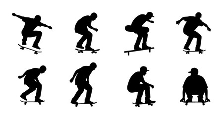 Skateboarder Silhouette Collection: Dynamic Action Poses, Extreme Sports Vector Icons, Urban Lifestyle Graphics, Black and White © Sharmin