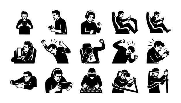 Gamer Icon Set: Diverse Actions and Emotions of Digital Entertainment Enthusiasts, Vector Graphics for Gaming Culture and Technology