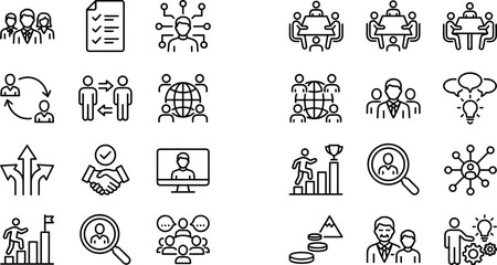 Fototapeta premium Comprehensive minimalist business teamwork icon set featuring leadership recruitment strategy global communication and professional career development