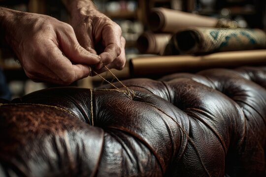 Extreme Macro of Upholsterer Hands Creating Diamond Tuft on Premium Leather Sofa.