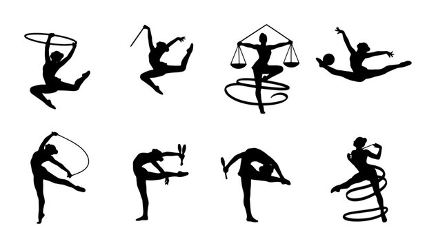 Rhythmic Gymnastics Silhouettes, Dynamic Poses, Artistic Movement, Athlete Icons, Sport Vector Set