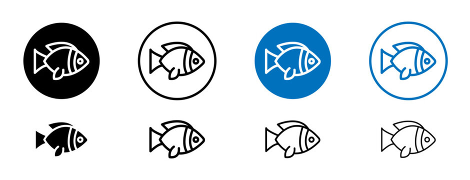 Fish icons set in black and blue colors on white background