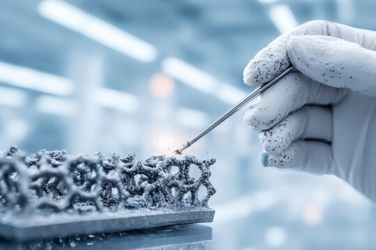 Extreme Close-up of specialist Hand Cleaning Titanium 3D Printed Lattice Part with Precision Tool.