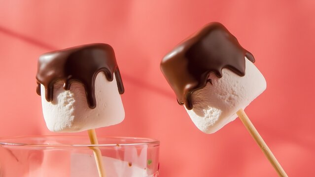 Two fluffy white marshmallows dipped in rich dark chocolate, presented on sticks against a vibrant coral pink background, with soft shadows