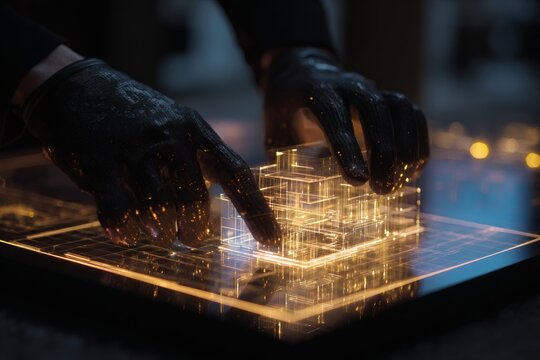 Professional Architect Using Haptic Gloves to Design 3D Holographic Building Model in Virtual Reality Studio.