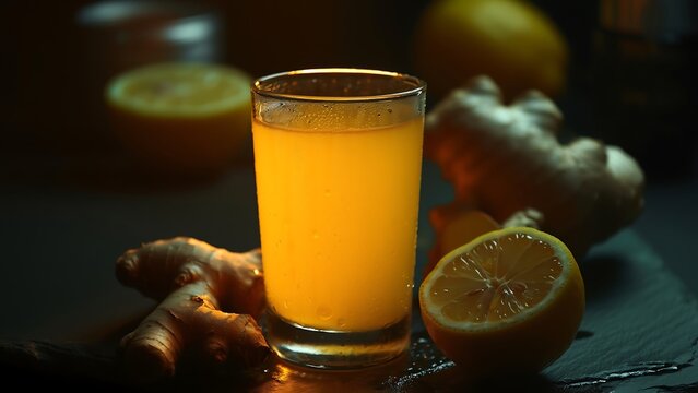 Vibrant yellow ginger and lemon juice in a clear glass, surrounded by fresh ginger roots and halved lemons on a dark slate surface