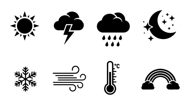 Weather Icons Set: Sun, Storm, Rain, Night, Snow, Wind, Thermometer, Rainbow, Meteorology Symbols, Forecast Icons, Climate Icons, Vector Graphics