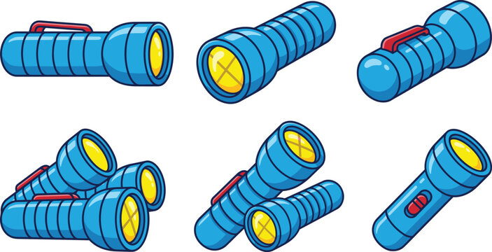 Blue Flashlight Set with Portable Torch Devices, Emergency Lighting Equipment, and Cartoon Style Vector Illustration Collection