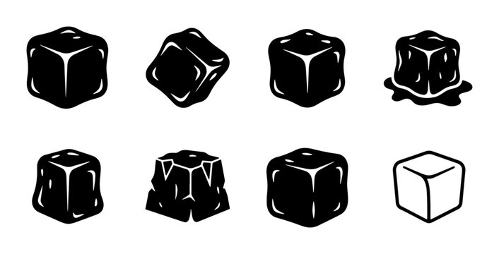 Melting Ice Cubes Vector Icons Set, Frozen Water Blocks, Refreshing Drink Elements, Cold Liquid Shapes, Chilling Beverage Graphics