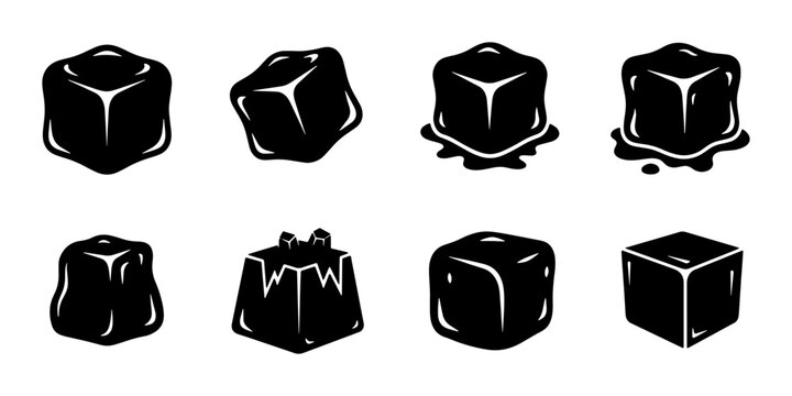 Set of 8 Black Ice Cubes, Melting Ice Blocks, Frozen Water Icons, Refreshing Drink Elements, Cool Beverage Graphics, Cube Shapes, Vector Illustrations