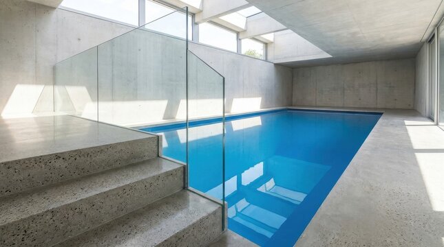 Modern indoor swimming pool with concrete stairs and glass railing