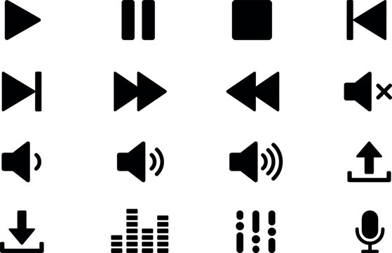 Solid black media control icon set for audio video players featuring volume equalizer upload and download symbols