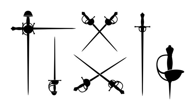 Collection of historical fencing swords, rapier and saber silhouettes, medieval weapon icons, dueling blades, combat and knightly armaments