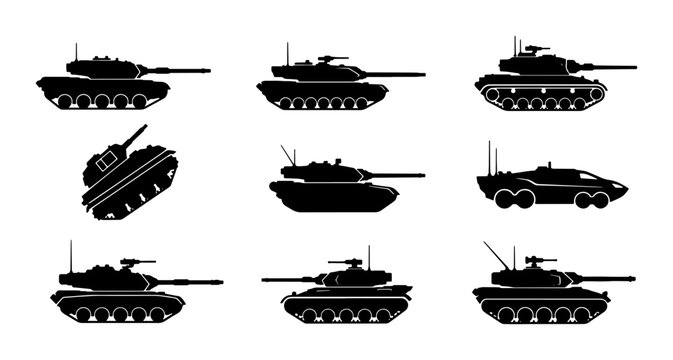 Set of 9 Military Tank Silhouettes, Armored Vehicle Icons, Combat Machine Vector Graphics, Warfare Equipment Collection