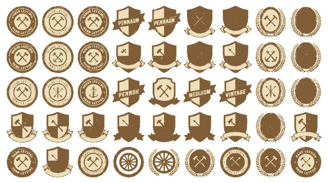 Retro badges and vintage emblems with intricate designs in gold and brown tones for classic branding