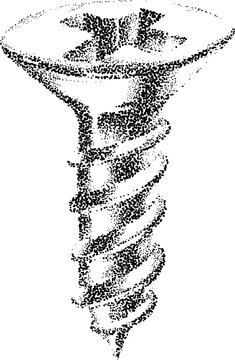 Stippled illustration of a metal wood screw with a phillips head isolated on white background photocopy stipple effect, for grunge punk y2k collage design