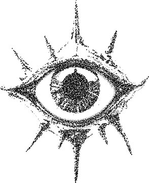 Stippled eye illustration with sunburst rays, dotwork style mystical symbol, handdrawn occult graphic design photocopy stipple effect, for grunge punk y2k collage design