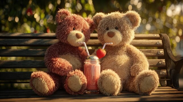 Two teddy bears sitting on a park bench sharing a strawberry milkshake with heart-shaped straws, golden hour lighting, 8k, realistic, full ultra HD, high resolution, cinematic photography