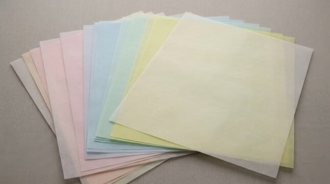 A stack of thin pastel vellum sheets layered with subtle translucence, creating a soft, light-filled texture.