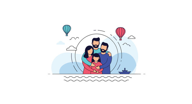 Loving family of four hugs tightly during a relaxing seaside vacation with hot air balloons and a boat in view.