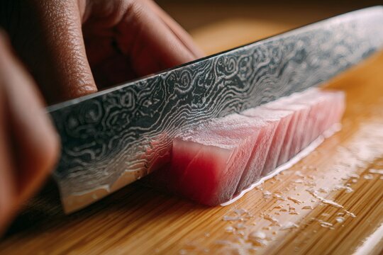 Close-up of Chef Hand Slicing Premium Bluefin Tuna Sashimi with Sharp Damascus Knife.