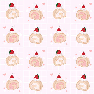 Seamless Pattern of Strawberry and Cherry Swiss Roll Cake Slices with Hearts