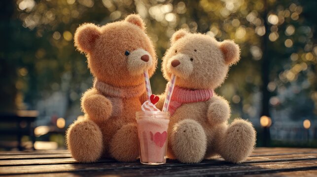 Two teddy bears sitting on a park bench sharing a strawberry milkshake with heart-shaped straws, golden hour lighting, 8k, realistic, full ultra HD, high resolution, cinematic photography