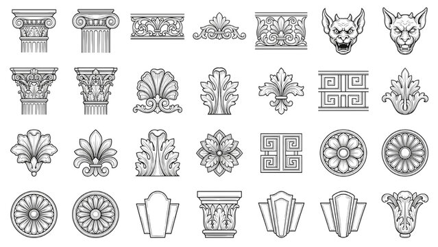 Architectural Elements: A detailed illustration showcasing a variety of classical architectural elements. CAD Blocks Architectural Icon Sheet Vector