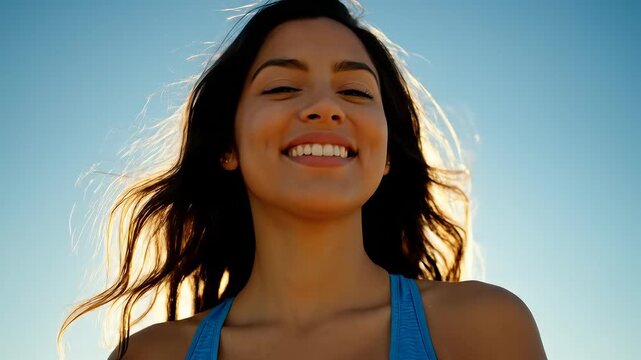 Smiling woman in blue top outdoors highlighting geometric patterns and contemporary art