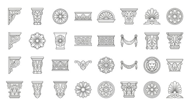 Architectural Ornaments and Design Elements: A detailed array of architectural ornaments and design elements. CAD Blocks Architectural Icon Sheet Vector
