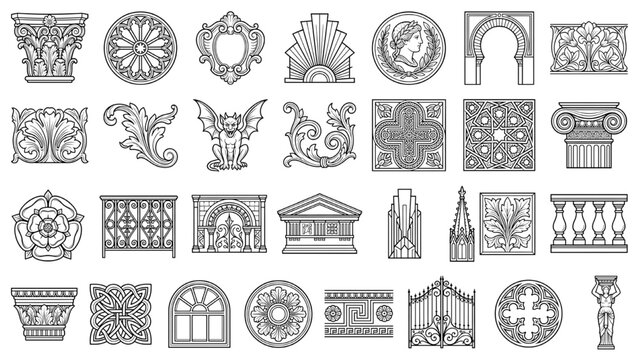Architectural Design Elements Compilation: A detailed collection of architectural design elements, from classical motifs to intricate carvings. CAD Blocks Architectural Icon Sheet Vector