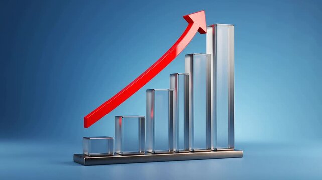Upward business growth graph glowing on blue background, rising financial trend lines, modern analytics concept, corporate success visualization, futuristic data display