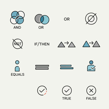Set of logic and boolean operator icons for programming and mathematics.