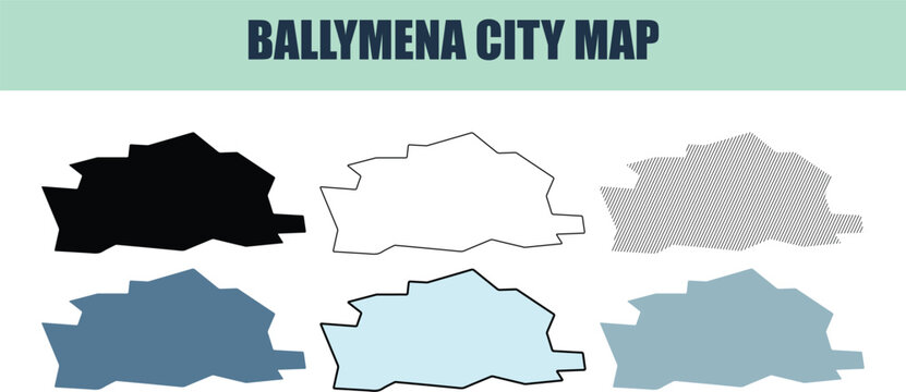 Ballymena city map representations in solid lined and stock graphic styles for information displays