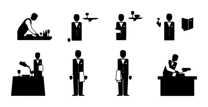 Restaurant Service Icons: Waiter Actions, Table Setting, Serving Drinks, and Bartending Vector Set