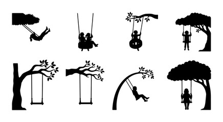 Silhouette Vector Icons: Children Swinging on Tree Swings, Tire Swings, and Rope Swings. Childhood Playtime, Outdoor Recreation, Park Fun, Summer Activities. © Jubayer