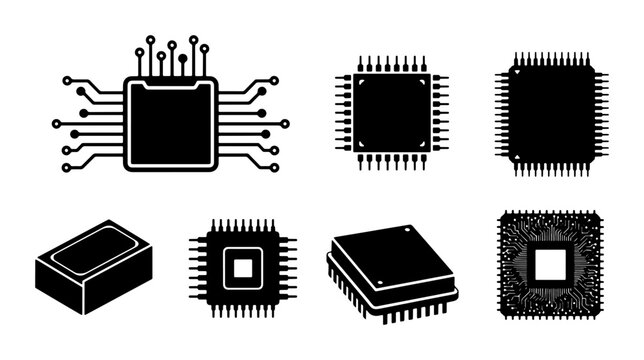 Microchip Icons Set, Computer Processor Graphics, Electronic Component Silhouettes, Digital Technology Vector Collection