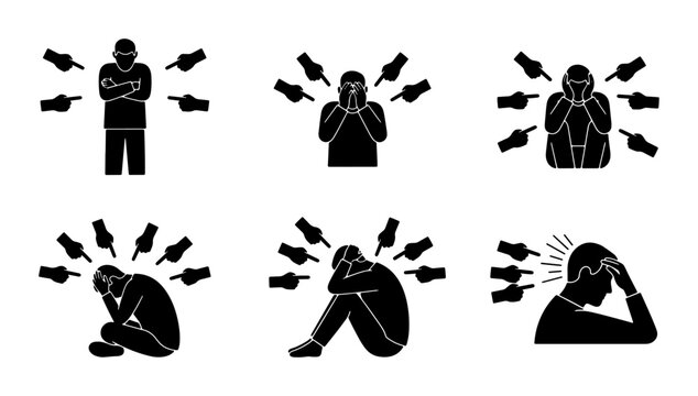 Bullying and Harassment Icons, Social Pressure and Isolation Vector Set, Mental Health and Anxiety Symbols, Public Shaming and Judgment Graphics