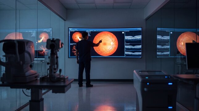 Ophthalmologist analyzing digital retinal scans on large screen in modern clinic