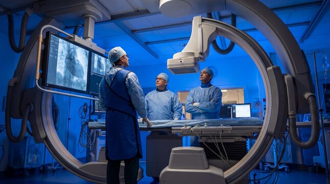 Cardiology team analyzing heart imaging in modern interventional cath lab.