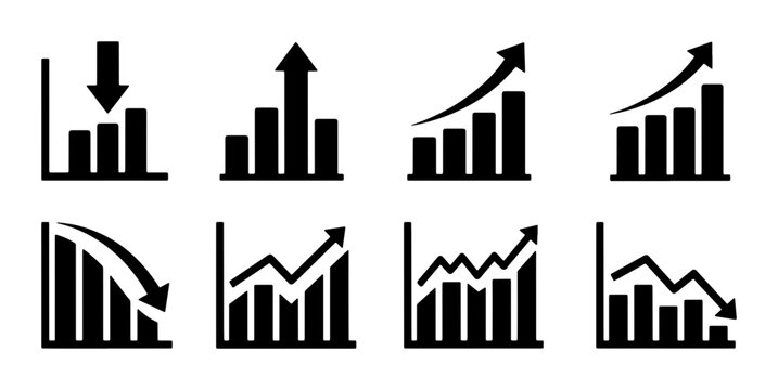 Bar Chart Icons Set: Upward and Downward Trends, Growth, Decline, Data Analysis, Business Performance, Financial Metrics, Vector Graphics