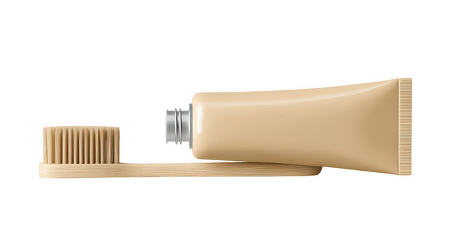 Beige toothbrush attached to beige toothpaste tube on white background hygiene and dental care concept