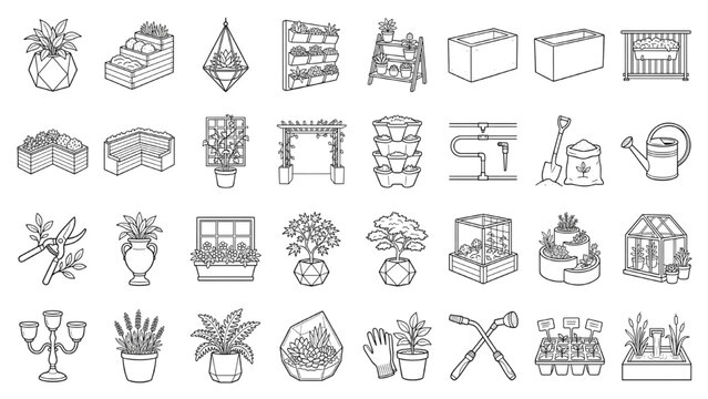 Garden Elements Illustrations: A comprehensive collection of gardening tools, plant containers, and structures, rendered in clean, linear detail. CAD Blocks Architectural Icon Sheet Vector