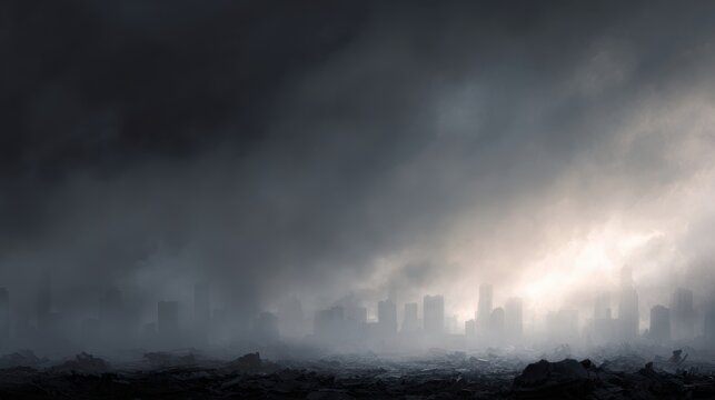Dramatic scene of destroyed fictional city skyline after imaginary conflict