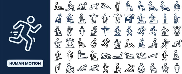 Fototapeta premium Human Motion and Movement Pose outline icon set. Featuring running, walking, jumping, exercise, and stretching symbols. Editable stroke icons for fitness app and sport design.