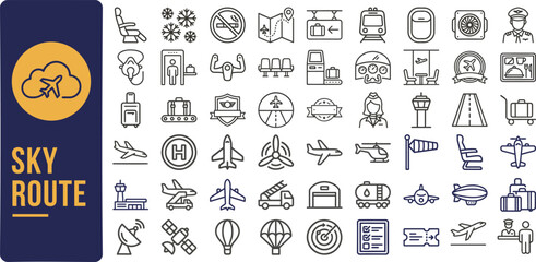 Sky Route and Aviation Travel outline icon set. Featuring plane, flight, airline, ticket, and pilot symbols. Editable stroke icons for travel booking and airport navigation. © Pixel_Forge