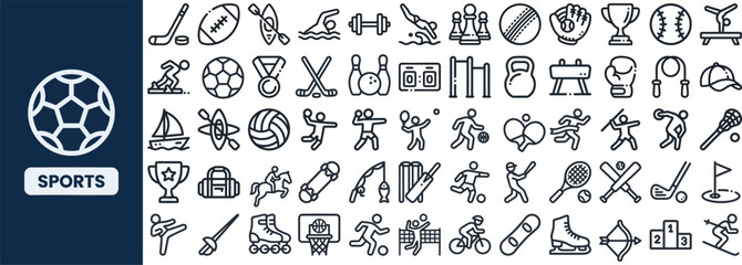 Fototapeta premium Sport Recreation and Athletic outline icon set. Featuring soccer, tennis, basketball, trophy, and athlete symbols. Editable stroke icons for fitness club and tournament design.