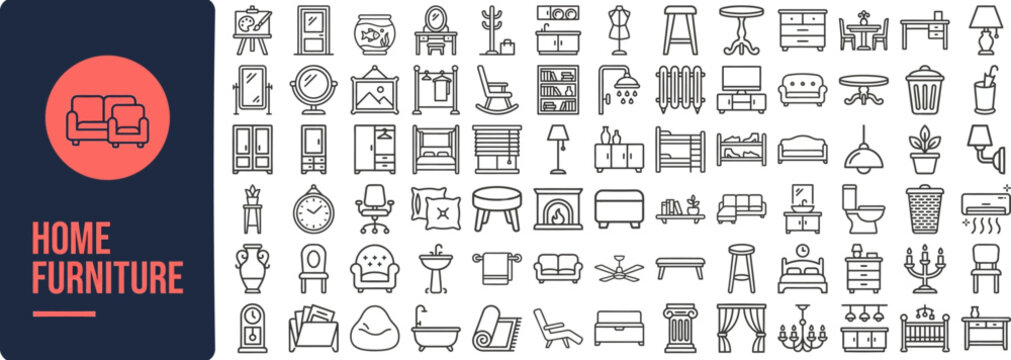 Home Furniture and Interior Decor outline icon set. Featuring sofa, chair, bed, table, and cabinet symbols. Editable stroke icons for furniture catalog and interior design.
