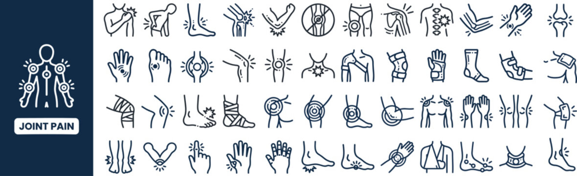 Joint Pain and Bone Therapy outline icon set. Featuring knee, elbow, spine, arthritis, and treatment symbols. Editable stroke icons for orthopedic clinic and rehab service.
