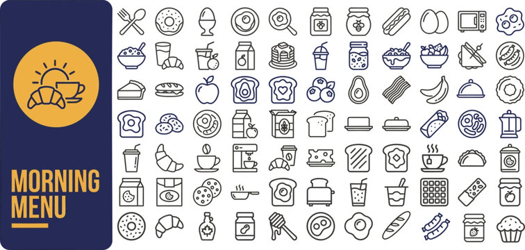 Morning Menu and Breakfast outline icon set. Featuring coffee, toast, egg, pancake, and cereal symbols. Editable stroke icons for cafe menu and brunch restaurant design.